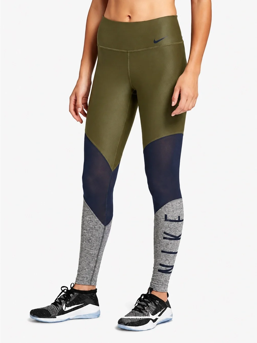 Nike Dri-FIT Colorblock Leggings Olive Green Gray Blue XS